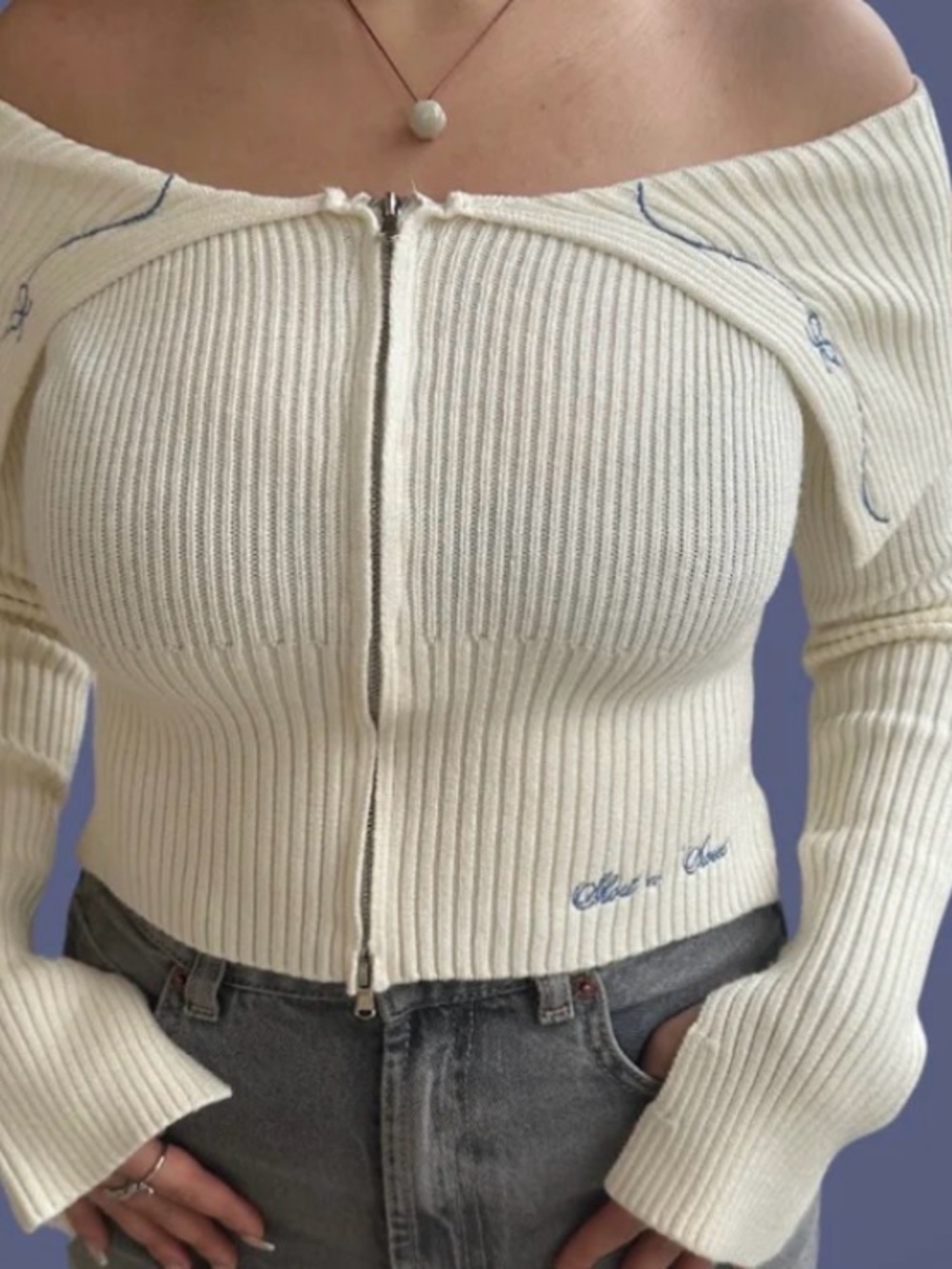 Sabrina Carpenter Short n’ Sweet Off-Shoulder Ribbed Cream Sweater Top